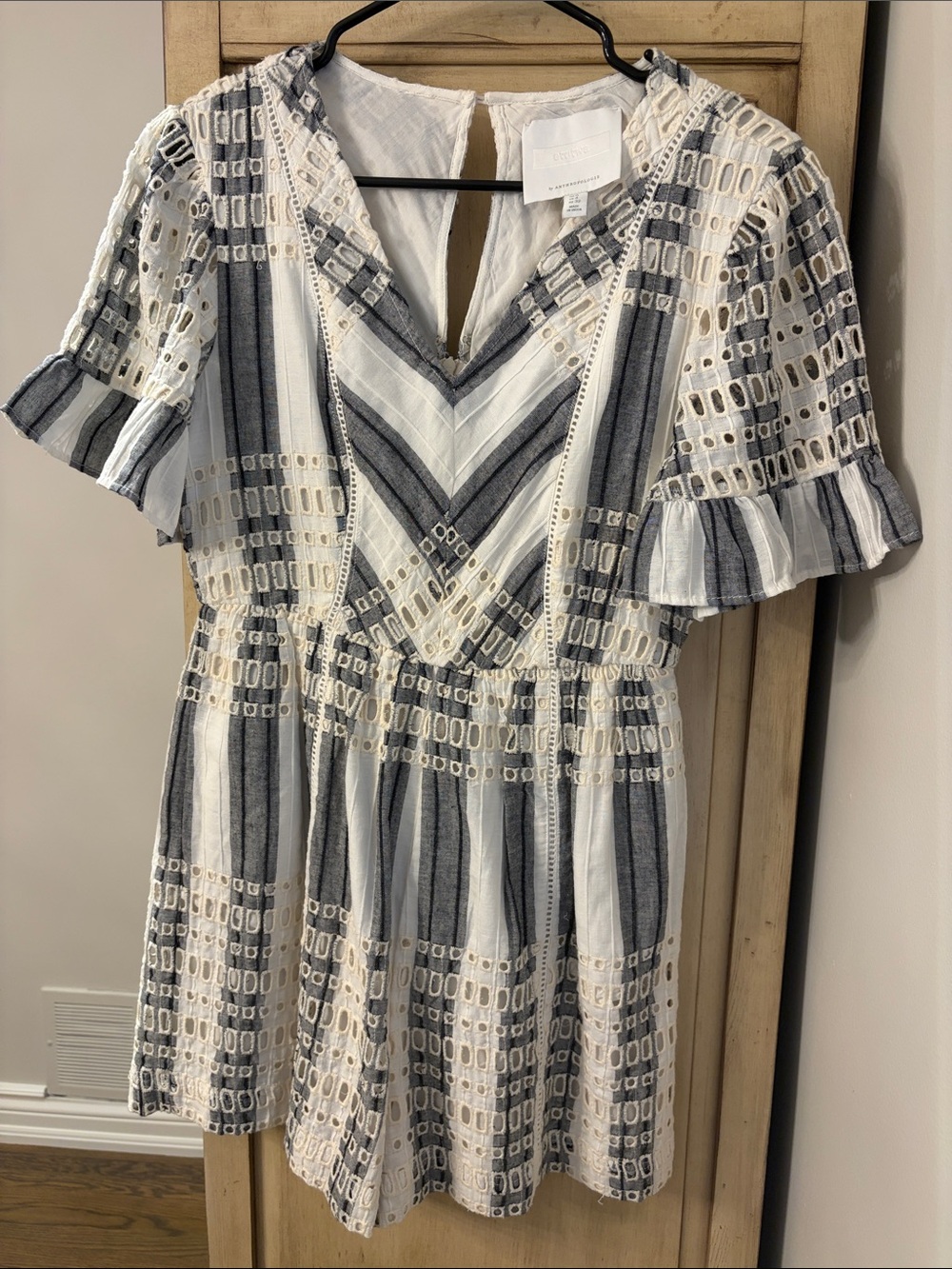 Anthropologie Striped Eyelet V-Neck Short Jumpsuit - White & Gray